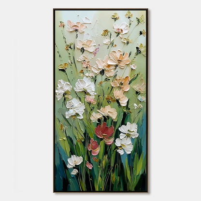 SPRING'S EMBRACE: Vertical Impasto Wildflower Meadow Painting | hanging in living room, Abstract wall art