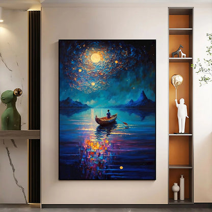 STARRY VOYAGE: Impressionist Nightscape Oil Painting in Blue | Impressionist closeup, raised brushwork detail