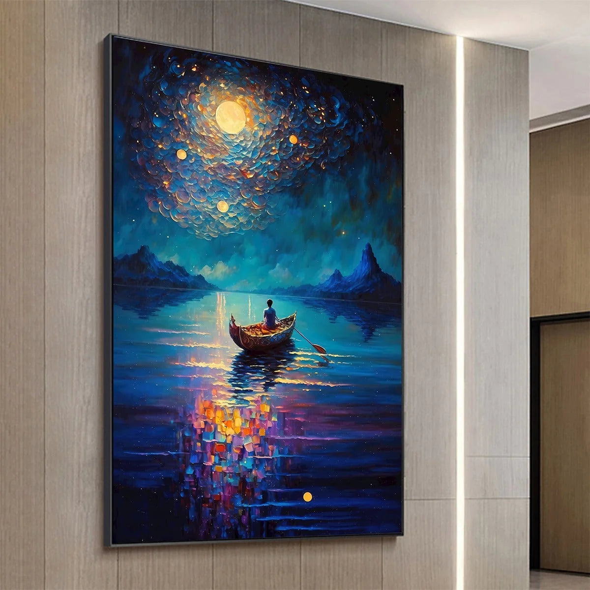 STARRY VOYAGE: Impressionist Nightscape Oil Painting in Blue | gold frame stretched on neutral wall