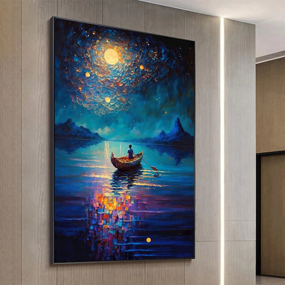STARRY VOYAGE: Impressionist Nightscape Oil Painting in Blue | gold frame stretched on neutral wall