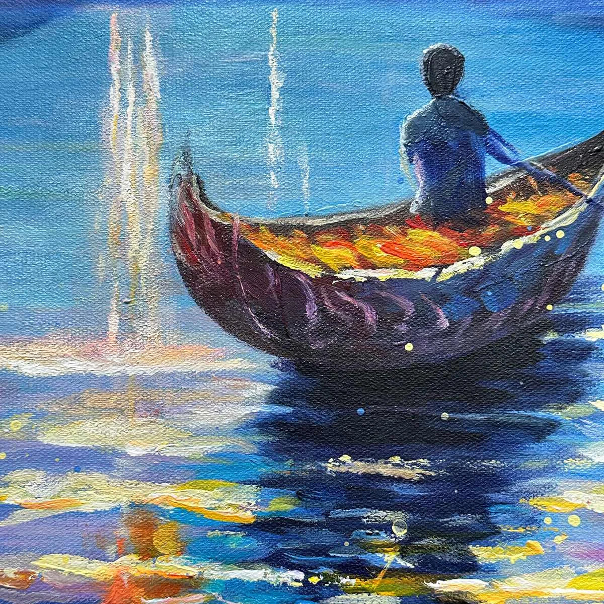 STARRY VOYAGE: Impressionist Nightscape Oil Painting in Blue | black frame version on white wall