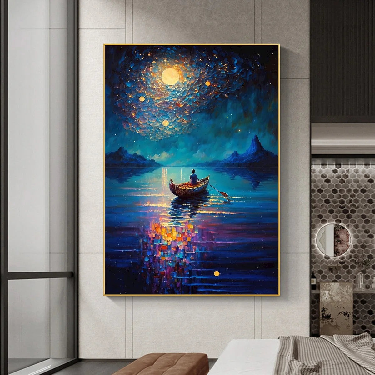STARRY VOYAGE: Impressionist Nightscape Oil Painting in Blue | Impressionist mood, soft natural light studio shot