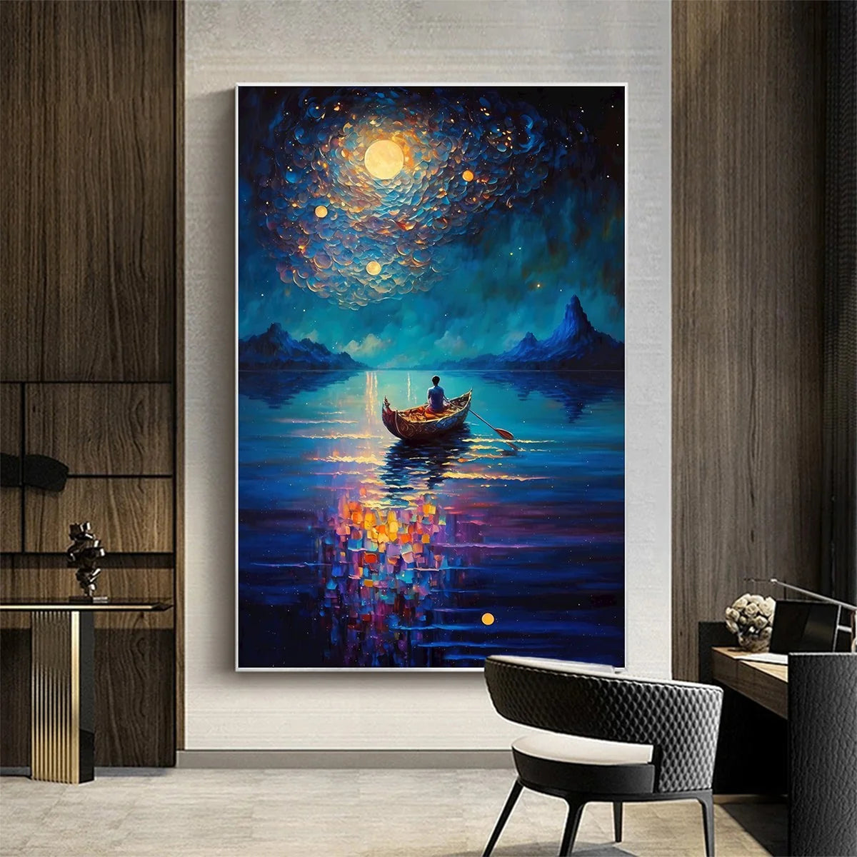 STARRY VOYAGE: Impressionist Nightscape Oil Painting in Blue | multi-color palette, original oil on stretched canvas art