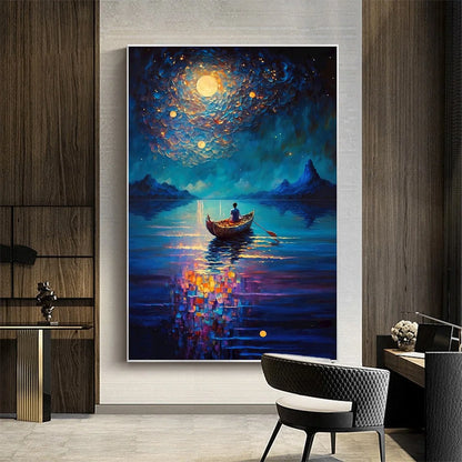 STARRY VOYAGE: Impressionist Nightscape Oil Painting in Blue | multi-color palette, original oil on stretched canvas art