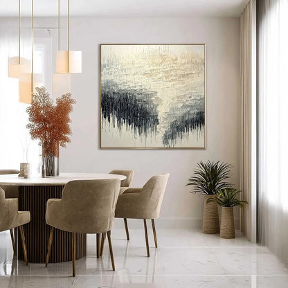 STATIC FLOW: Heavy Texture Wabi Sabi Abstract Painting | gold frame stretched on neutral wall