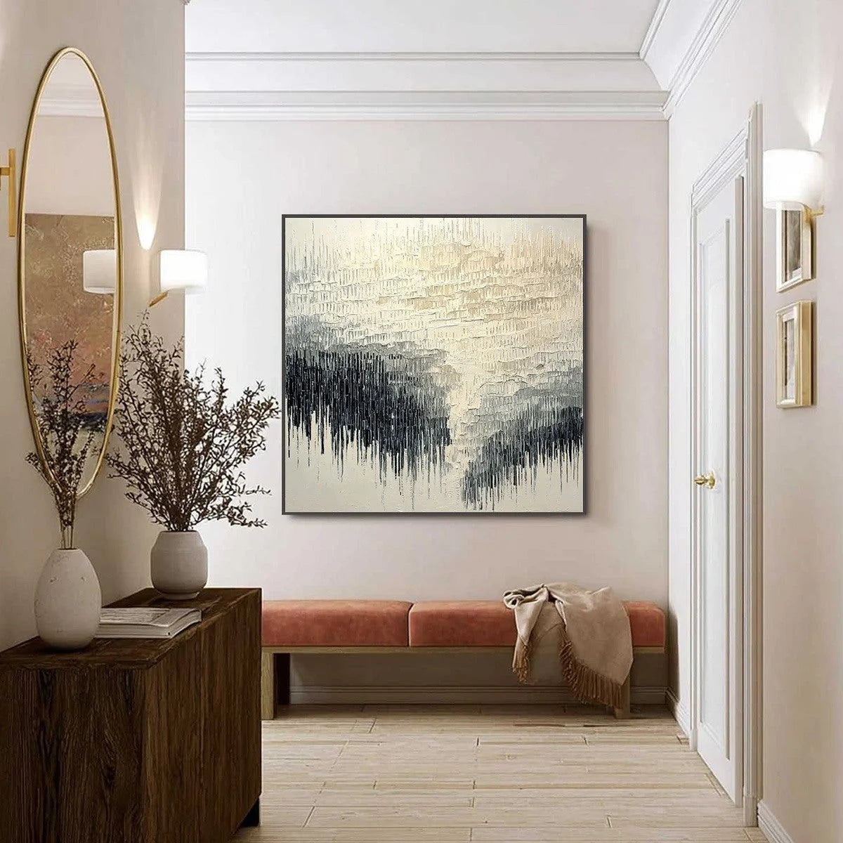 STATIC FLOW: Heavy Texture Wabi Sabi Abstract Painting | black frame version on white wall