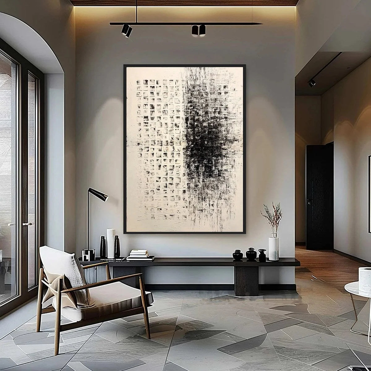 STATIC: Large Textured Black and White Minimalist Abstract Painting | Minimalist closeup, raised brushwork detail