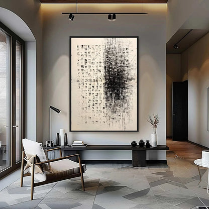 STATIC: Large Textured Black and White Minimalist Abstract Painting | Minimalist closeup, raised brushwork detail