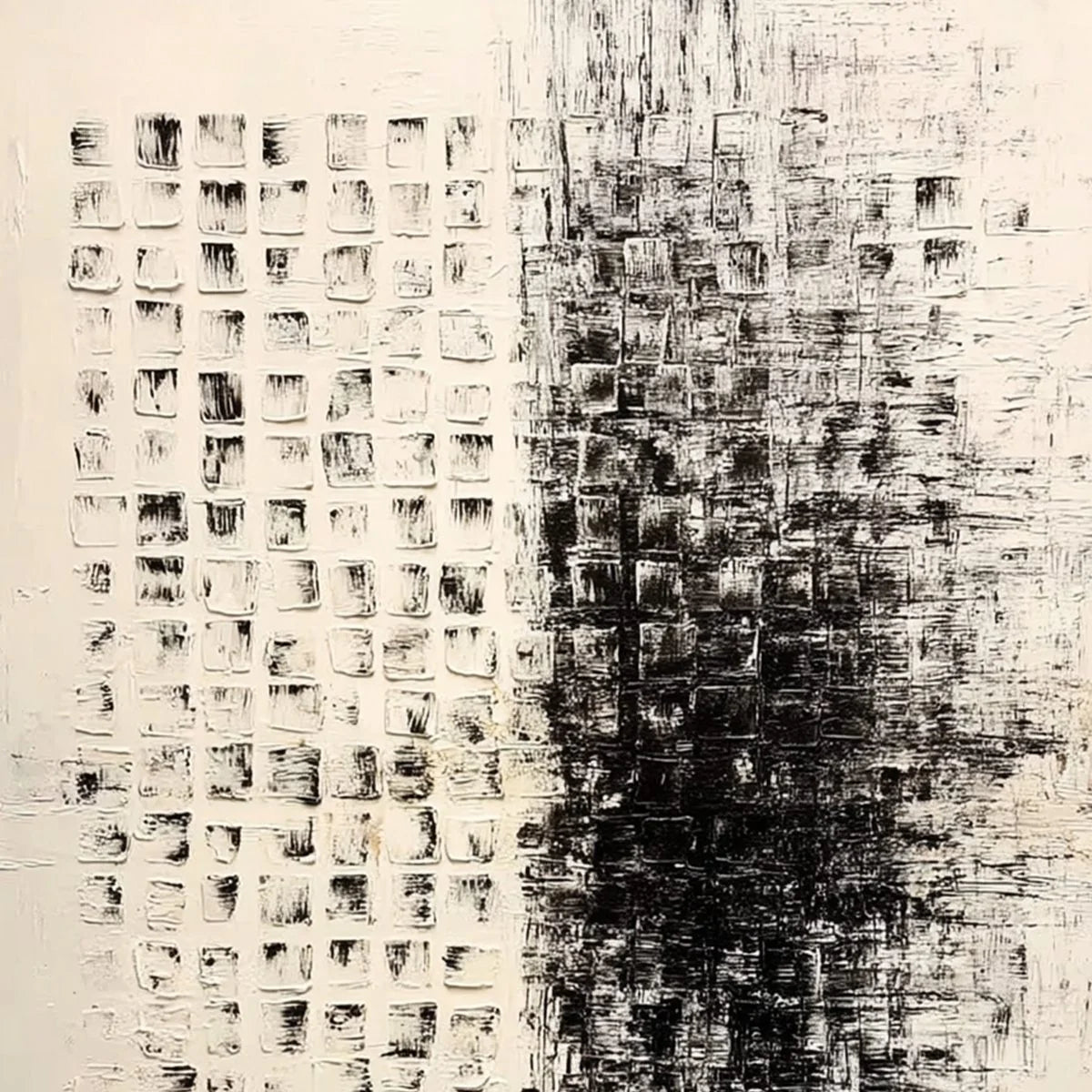STATIC: Large Textured Black and White Minimalist Abstract Painting | rectangular format, hand-painted canvas edge