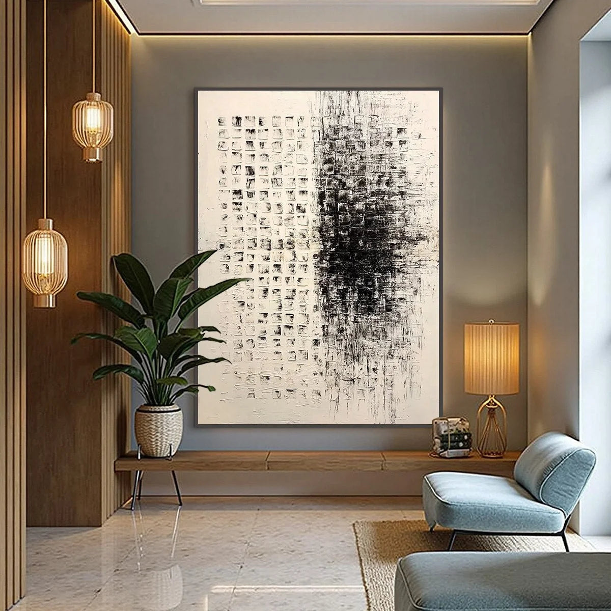 STATIC: Large Textured Black and White Minimalist Abstract Painting | gold frame stretched on neutral wall