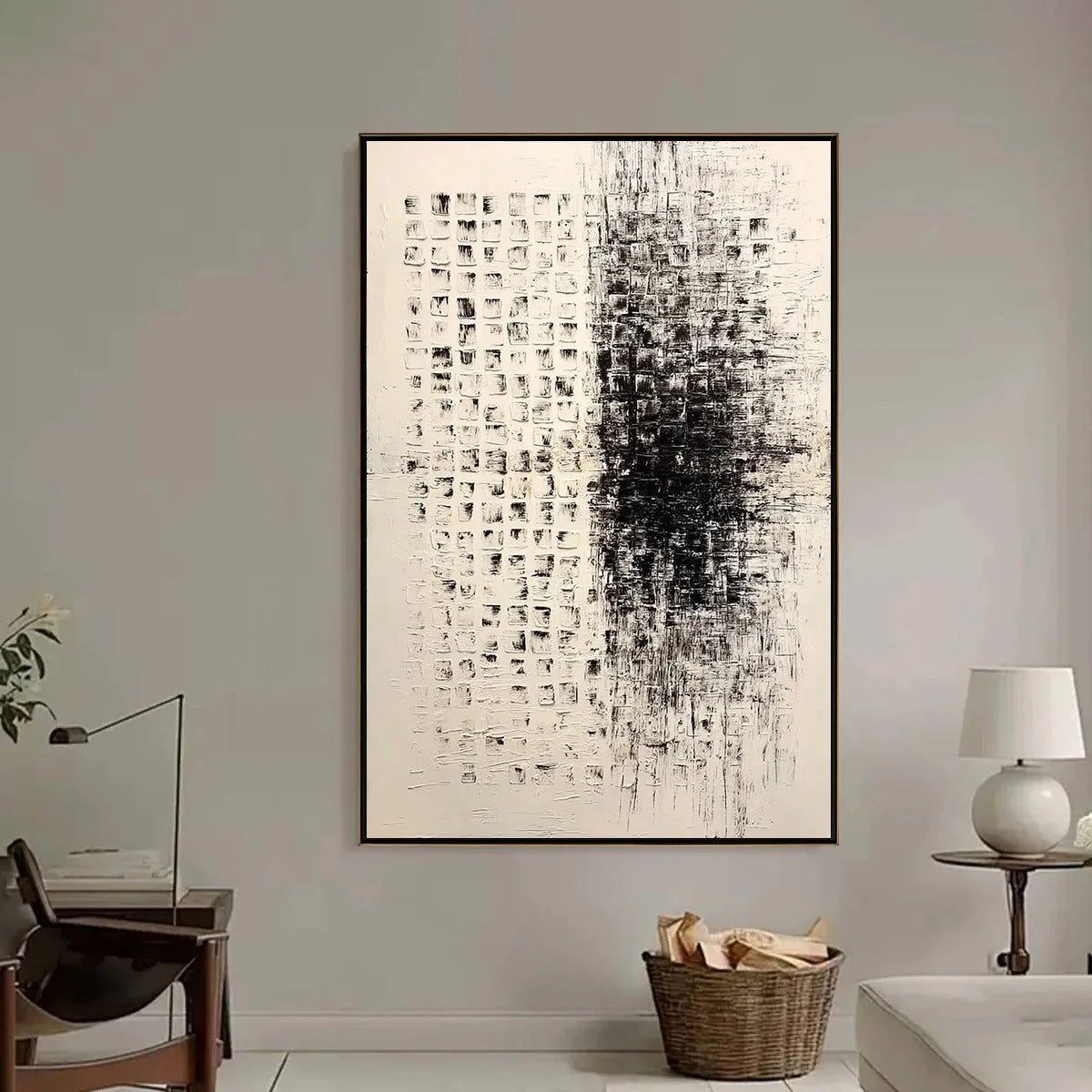 STATIC: Large Textured Black and White Minimalist Abstract Painting | black frame version on white wall