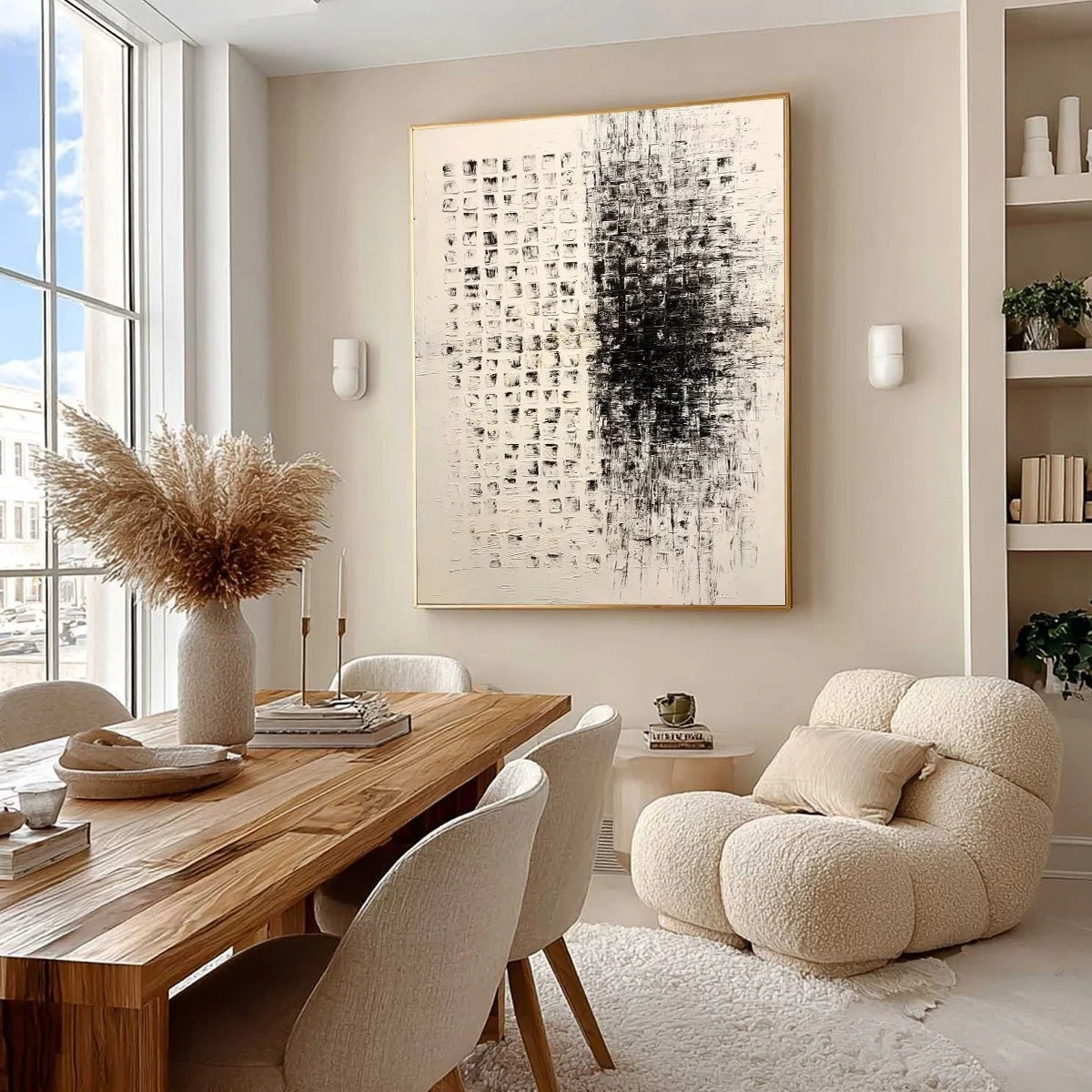 STATIC: Large Textured Black and White Minimalist Abstract Painting | Minimalist mood, soft natural light studio shot