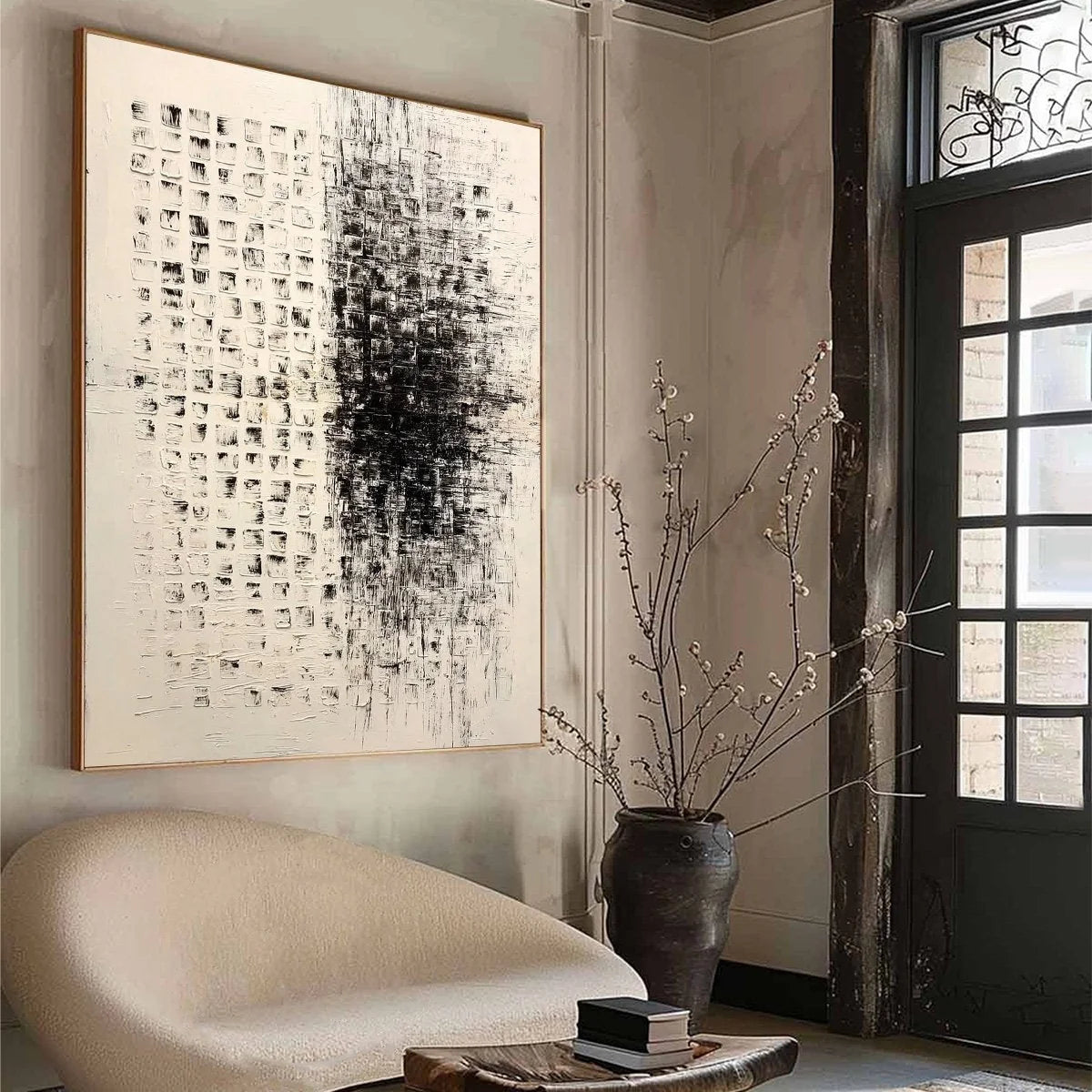 STATIC: Large Textured Black and White Minimalist Abstract Painting | beige palette, original oil on stretched canvas art