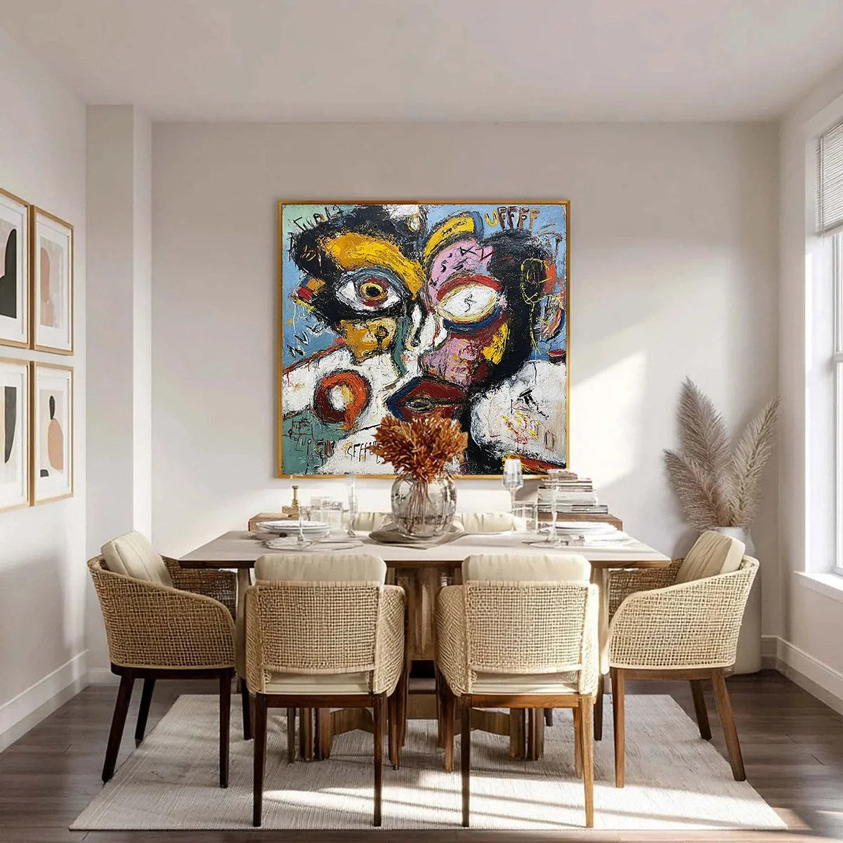 STATIC MIND: Bold Neo-Expressionist Abstract Portrait Painting | gold frame stretched on neutral wall