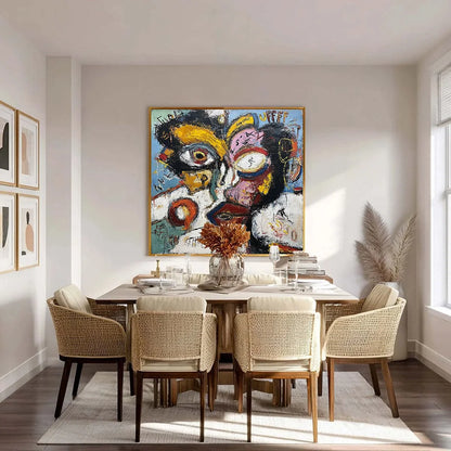 STATIC MIND: Bold Neo-Expressionist Abstract Portrait Painting | gold frame stretched on neutral wall