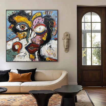 STATIC MIND: Bold Neo-Expressionist Abstract Portrait Painting | black frame version on white wall