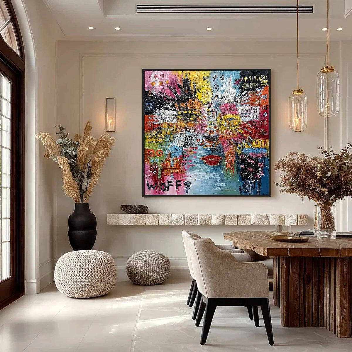 STATIC MIND: Colorful Abstract Impasto Portrait Wall Art | gold frame stretched on neutral wall