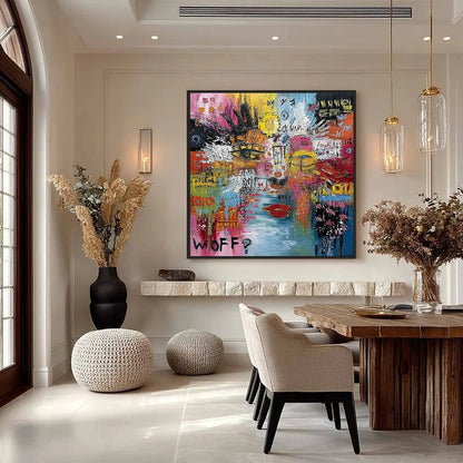 STATIC MIND: Colorful Abstract Impasto Portrait Wall Art | gold frame stretched on neutral wall