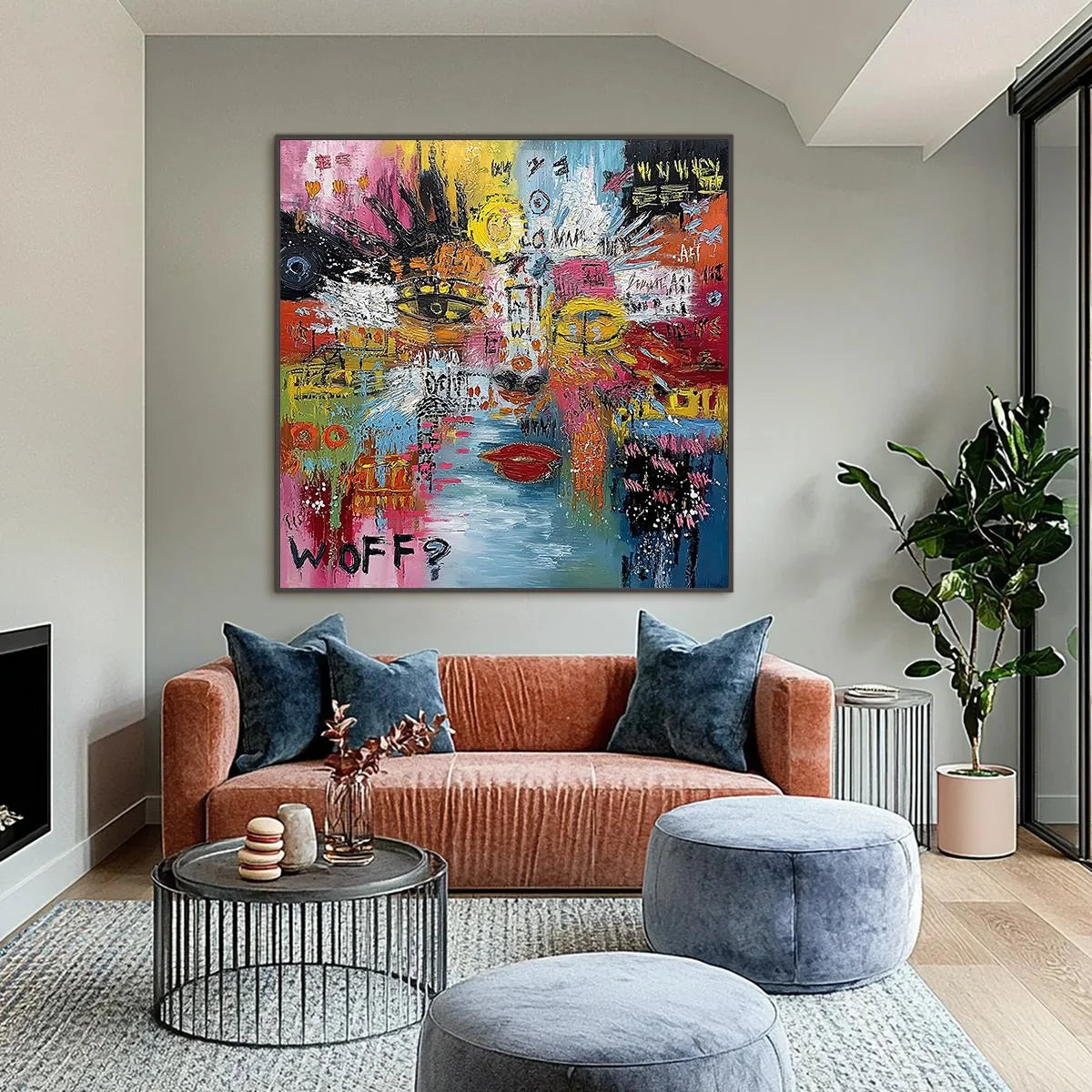 STATIC MIND: Colorful Abstract Impasto Portrait Wall Art | black frame version on white wall