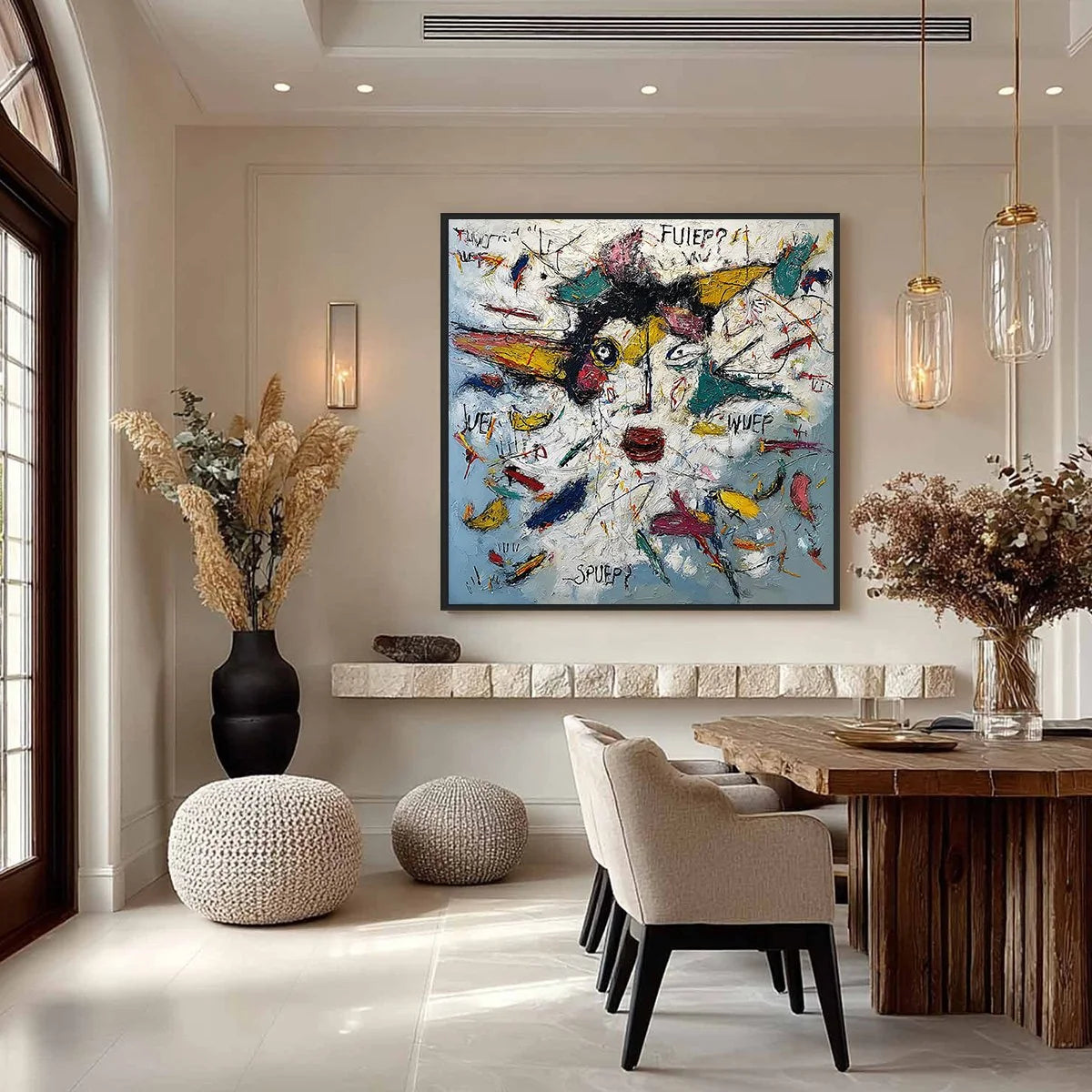 STATIC MIND: Colorful Textured Abstract Expressionist Wall Art | gold frame stretched on neutral wall