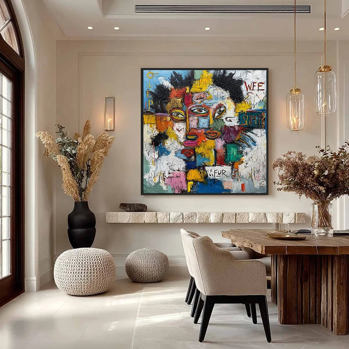 STATIC MIND: Large Colorful Abstract Portrait Oil Painting | gold frame stretched on neutral wall