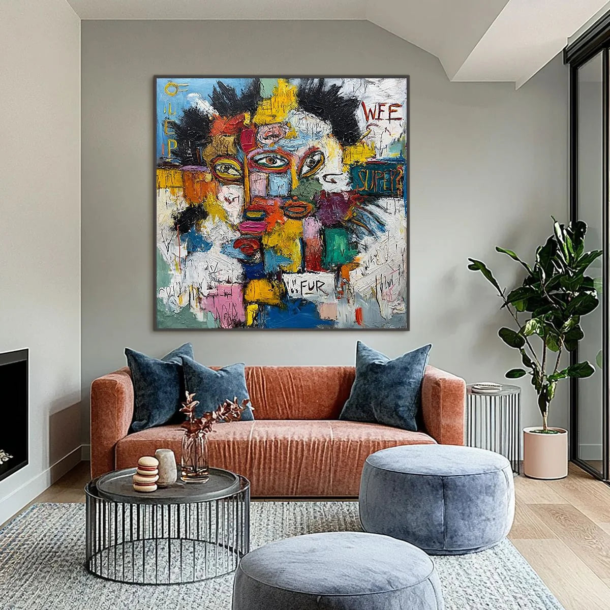 STATIC MIND: Large Colorful Abstract Portrait Oil Painting | black frame version on white wall