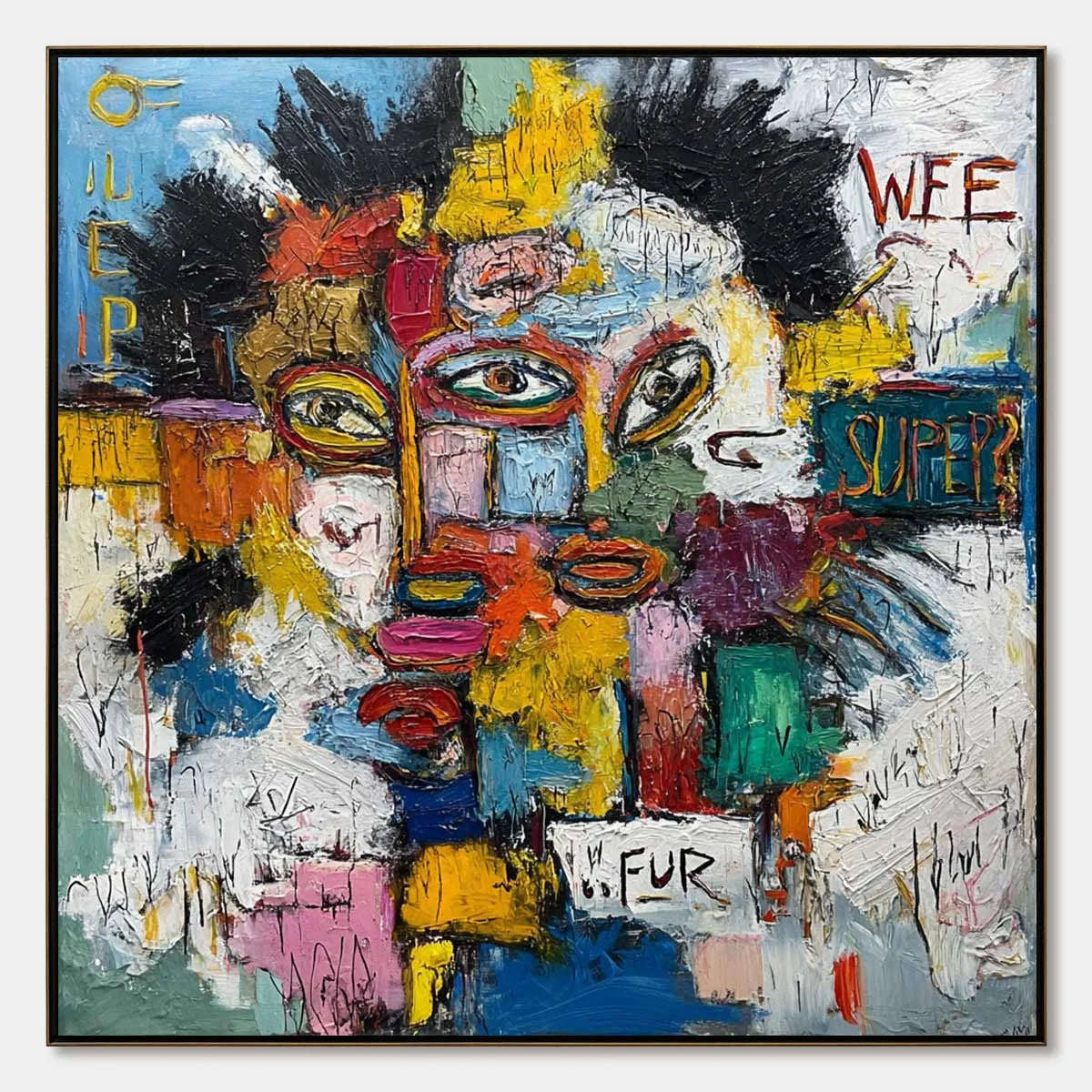 STATIC MIND: Large Colorful Abstract Portrait Oil Painting | hanging in living room, Abstract wall art