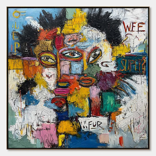 STATIC MIND: Large Colorful Abstract Portrait Oil Painting | hanging in living room, Abstract wall art