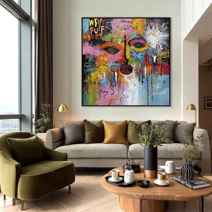 STATIC REVERIE: Colorful Abstract Face Impasto Palette Knife Painting | Abstract closeup, raised brushwork detail