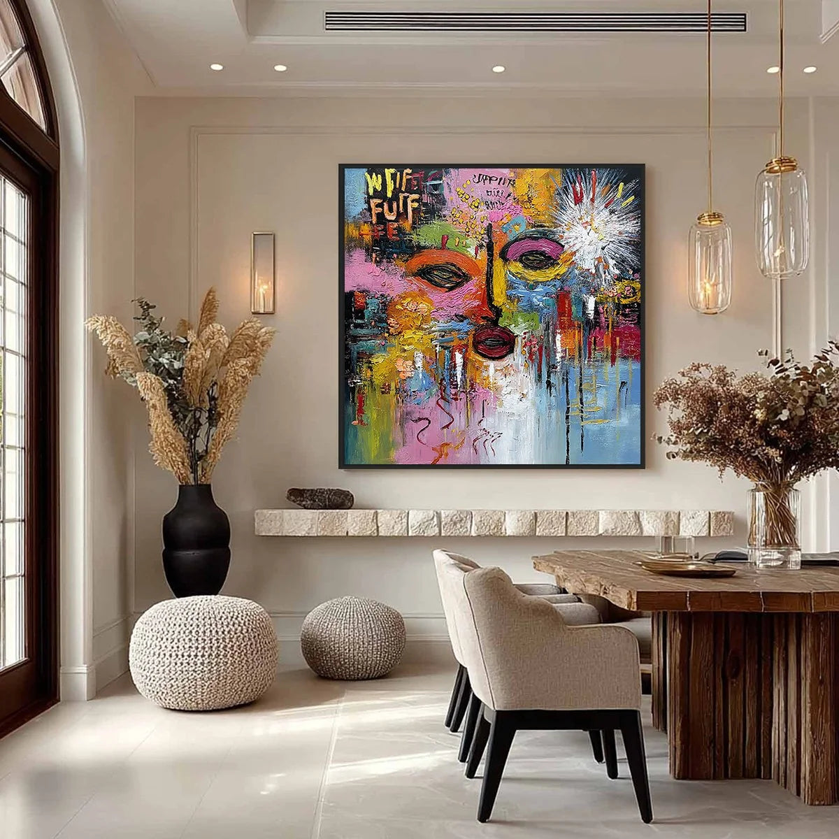 STATIC REVERIE: Colorful Abstract Face Impasto Palette Knife Painting | gold frame stretched on neutral wall
