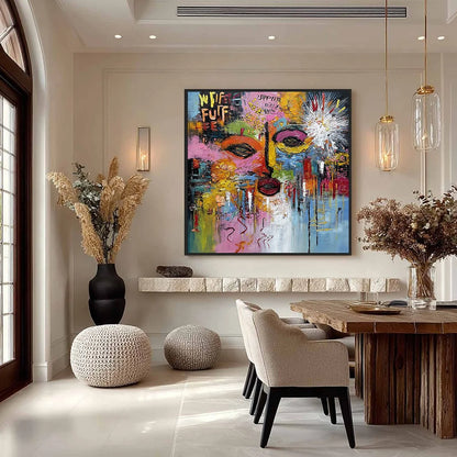 STATIC REVERIE: Colorful Abstract Face Impasto Palette Knife Painting | gold frame stretched on neutral wall