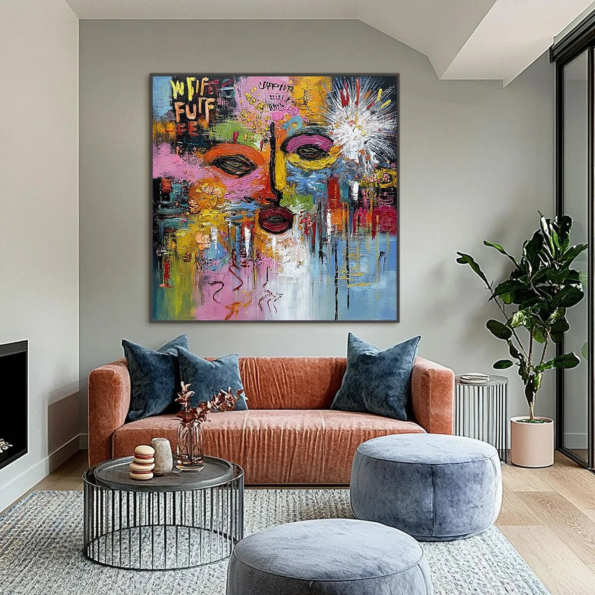 STATIC REVERIE: Colorful Abstract Face Impasto Palette Knife Painting | black frame version on white wall