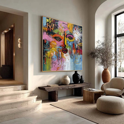 STATIC REVERIE: Colorful Abstract Face Impasto Palette Knife Painting | multi-color palette, original oil on stretched canvas art