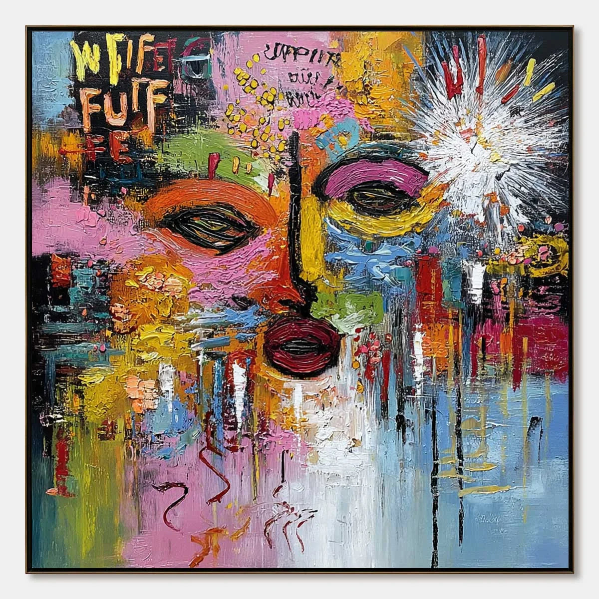 STATIC REVERIE: Colorful Abstract Face Impasto Palette Knife Painting | hanging in living room, Abstract wall art