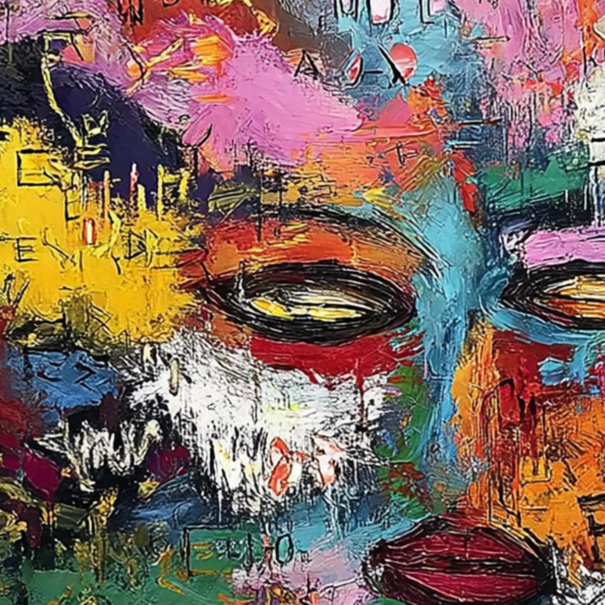 STATIC REVERIE: Colorful Abstract Graffiti Style Face Oil Painting | rectangular format, hand-painted canvas edge