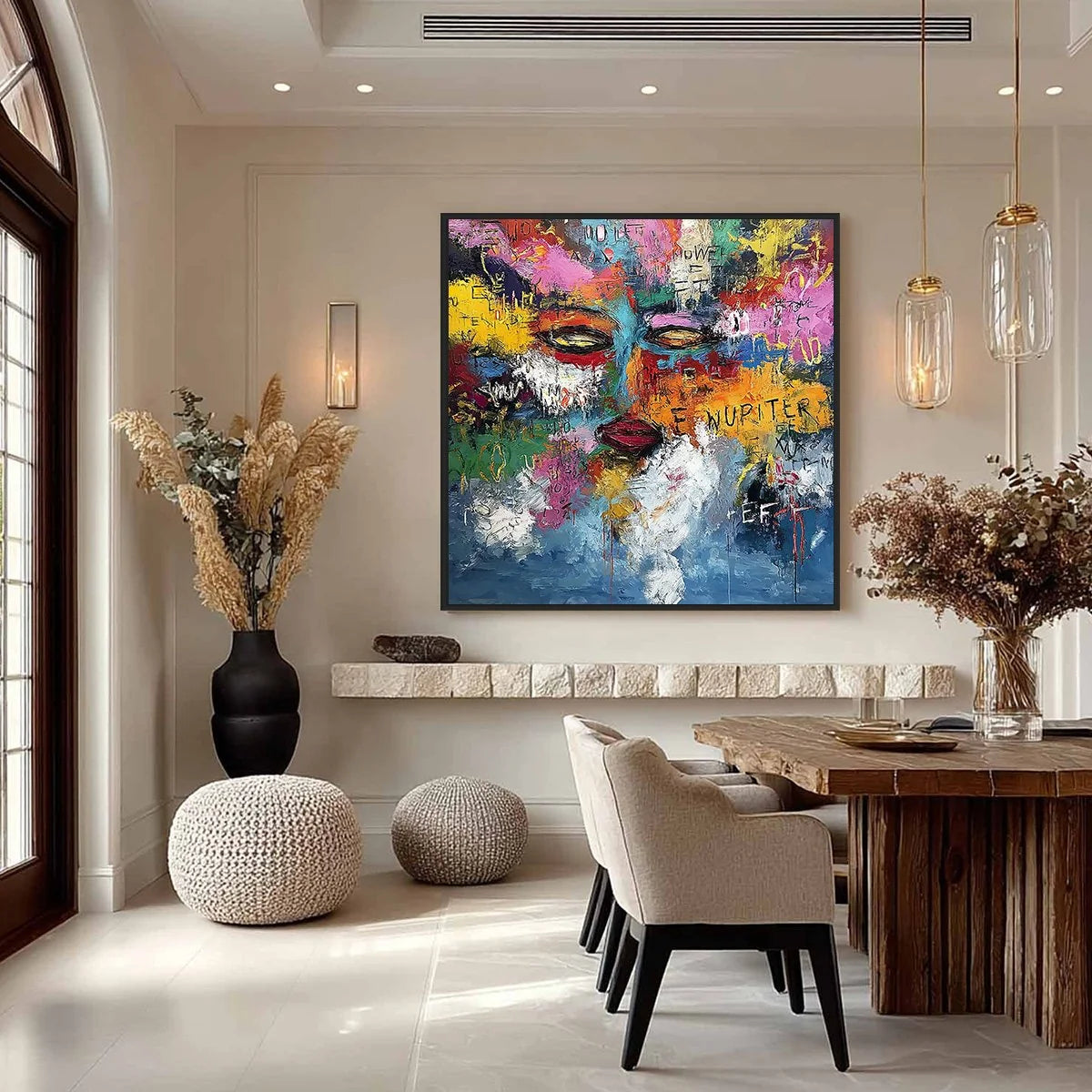 STATIC REVERIE: Colorful Abstract Graffiti Style Face Oil Painting | gold frame stretched on neutral wall