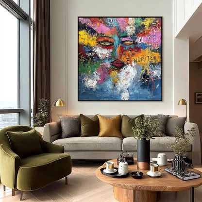 STATIC REVERIE: Colorful Abstract Graffiti Style Face Oil Painting | black frame version on white wall