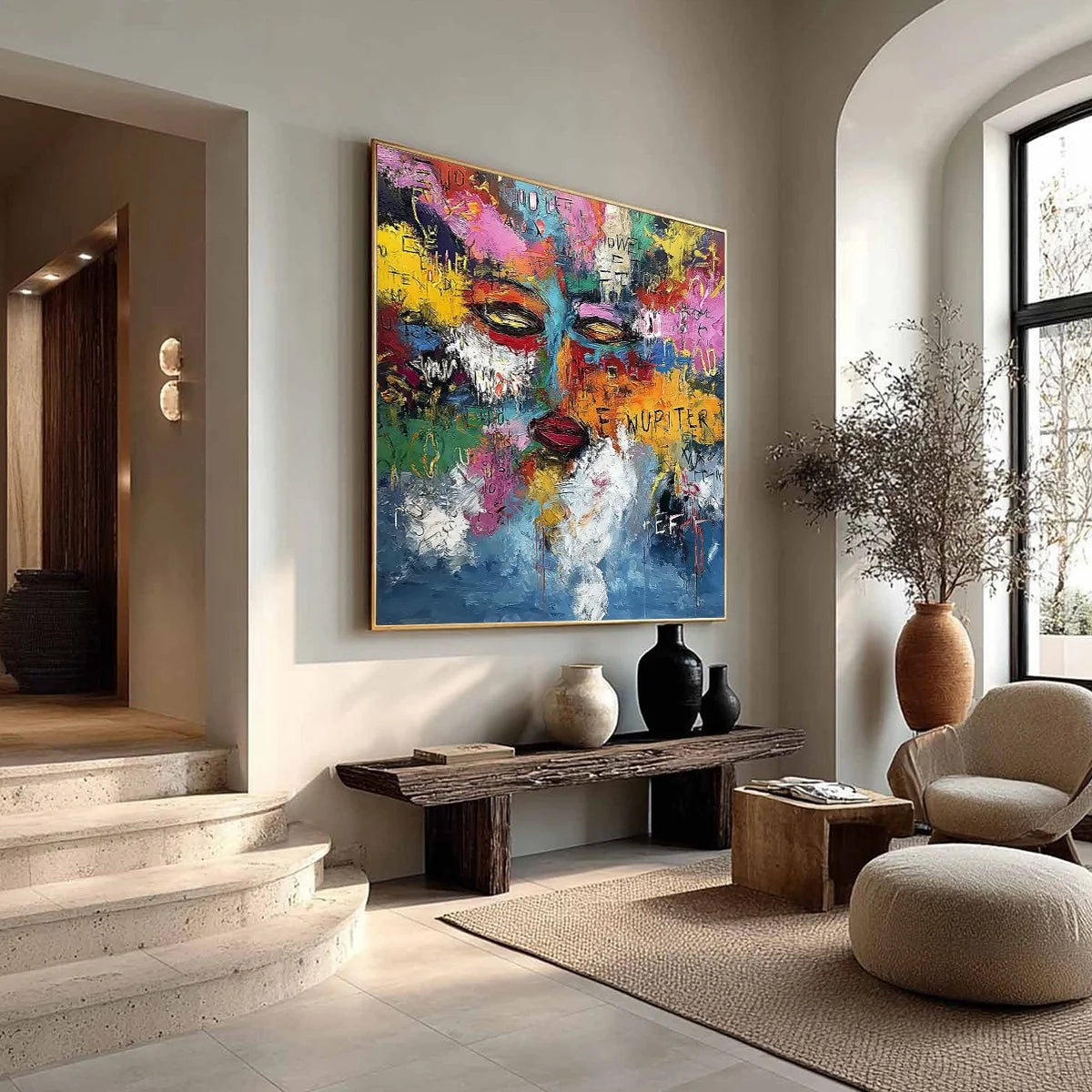 STATIC REVERIE: Colorful Abstract Graffiti Style Face Oil Painting | multi-color palette, original oil on stretched canvas art
