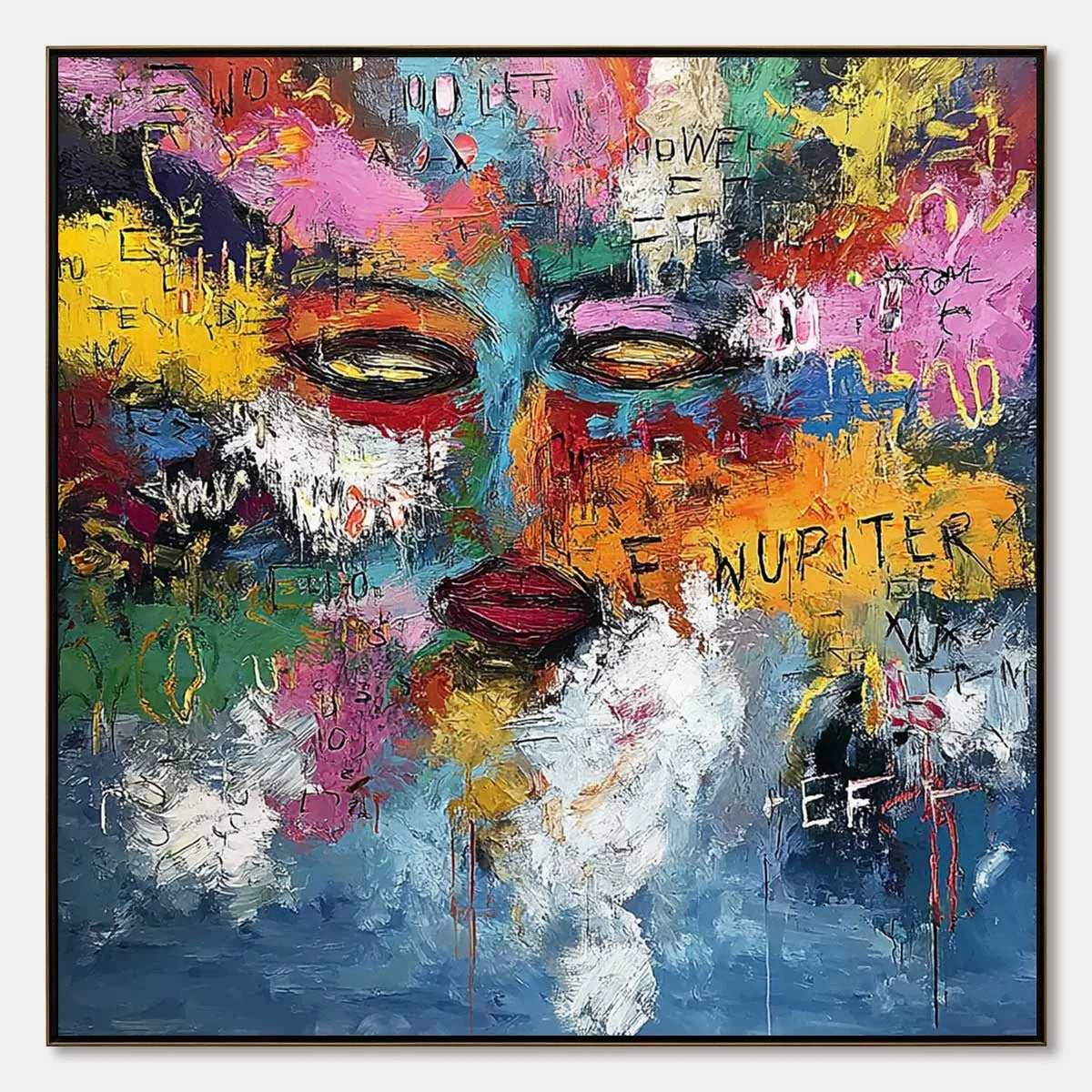 STATIC REVERIE: Colorful Abstract Graffiti Style Face Oil Painting | hanging in living room, Abstract wall art