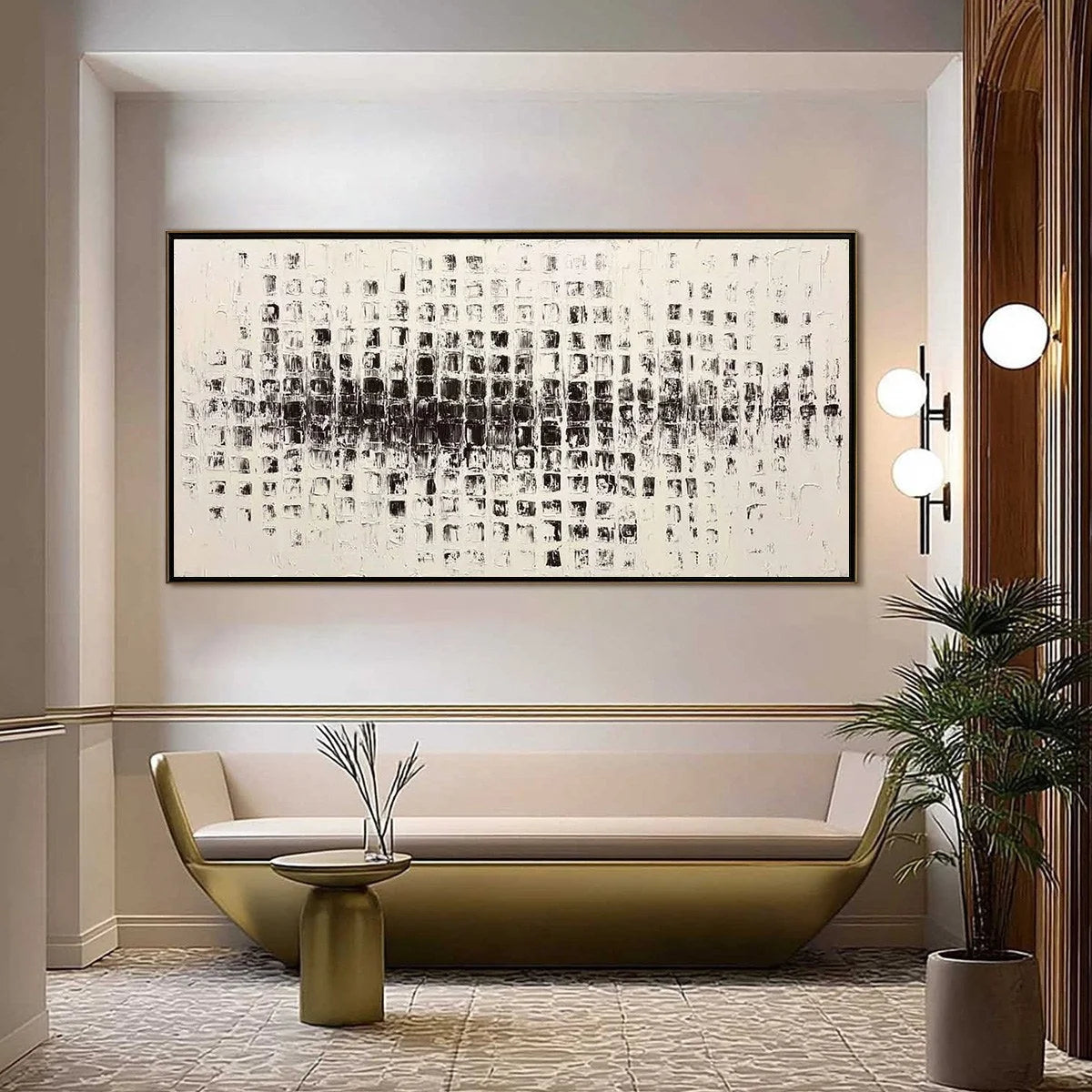 STATIC RHYTHM: Textured Black and White Minimalist Abstract Painting | gold frame stretched on neutral wall