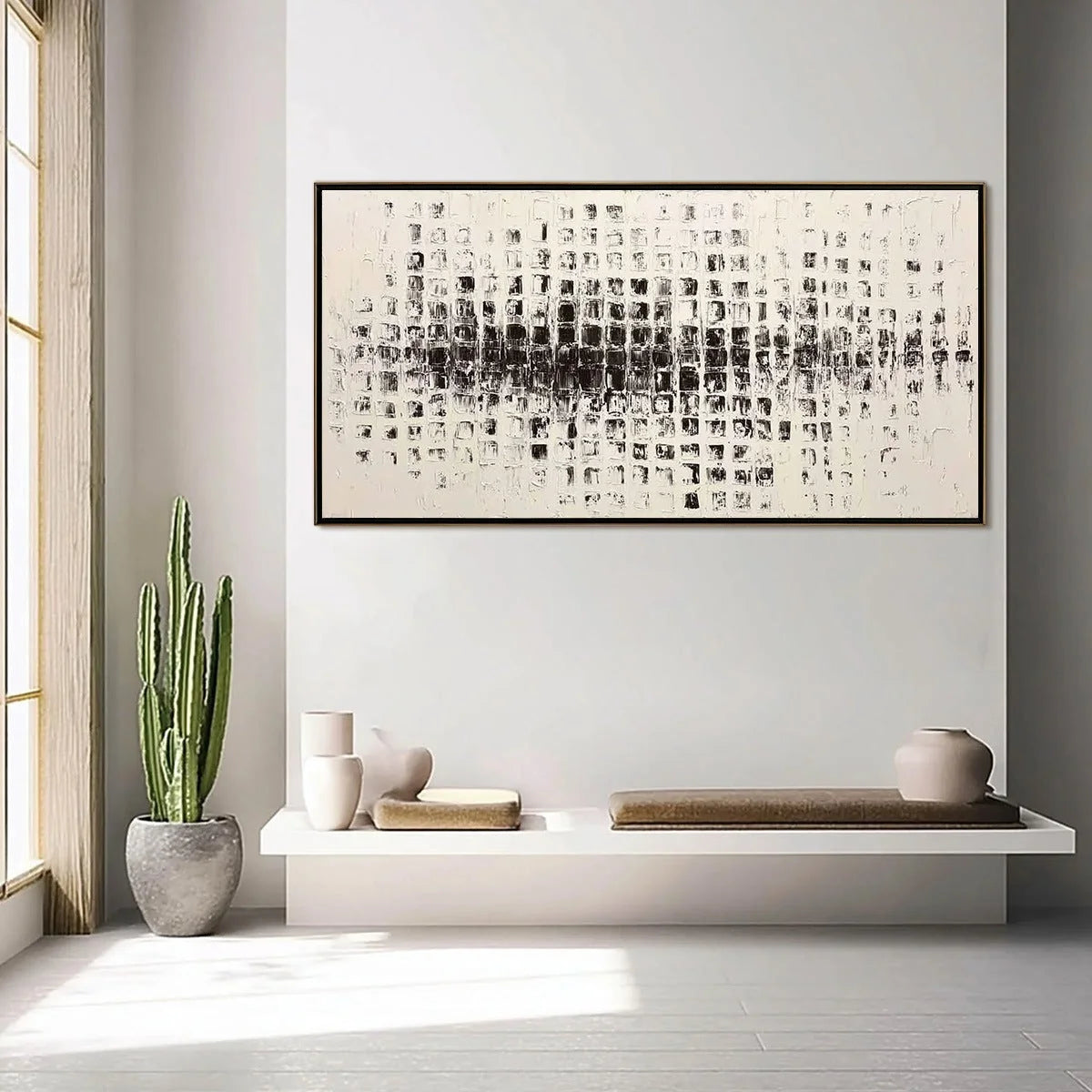 STATIC RHYTHM: Textured Black and White Minimalist Abstract Painting | black frame version on white wall