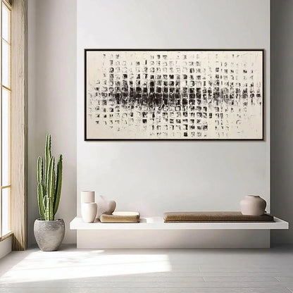 STATIC RHYTHM: Textured Black and White Minimalist Abstract Painting | black frame version on white wall