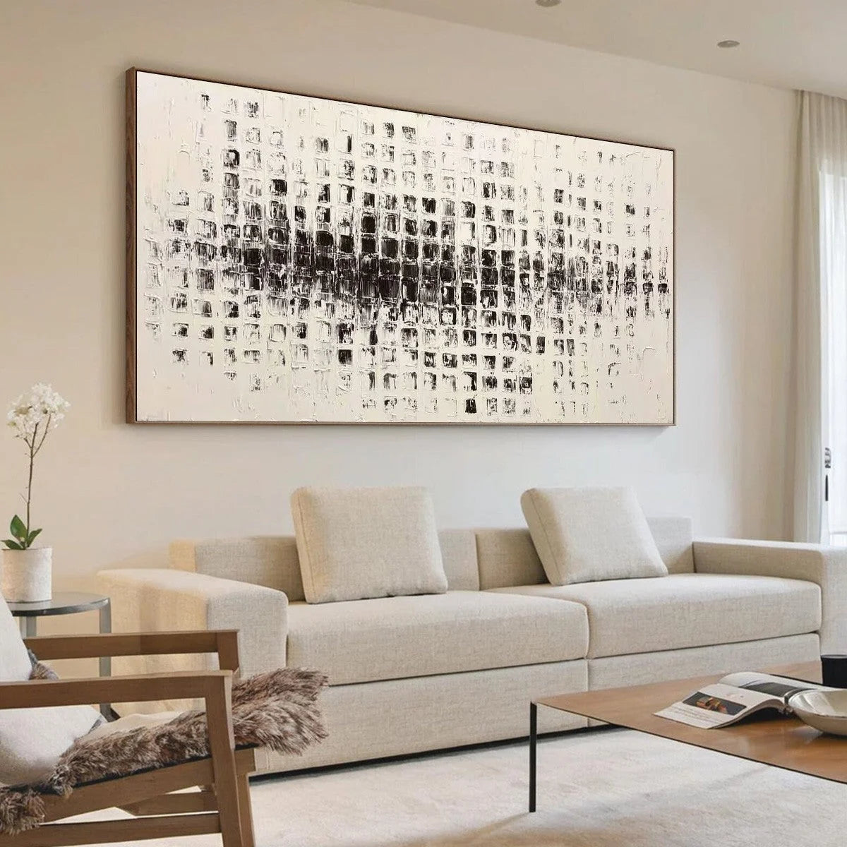 STATIC RHYTHM: Textured Black and White Minimalist Abstract Painting | Minimalist mood, soft natural light studio shot