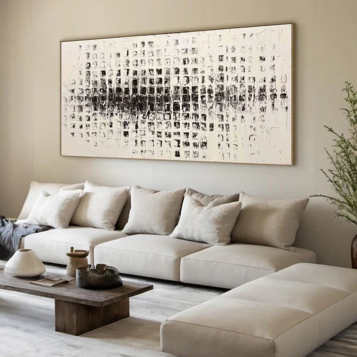 STATIC RHYTHM: Textured Black and White Minimalist Abstract Painting | beige palette, original oil on stretched canvas art