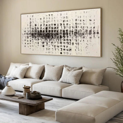STATIC RHYTHM: Textured Black and White Minimalist Abstract Painting | beige palette, original oil on stretched canvas art