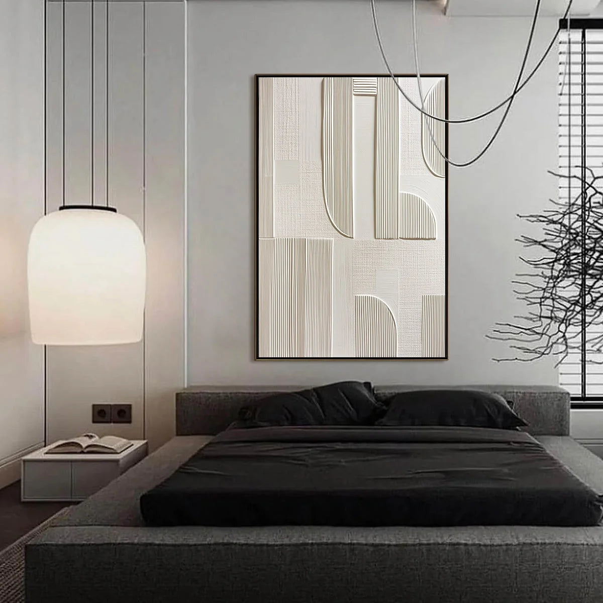 STATIC RHYTHM: Textured White Minimalist Abstract Wall Art | gold frame stretched on neutral wall