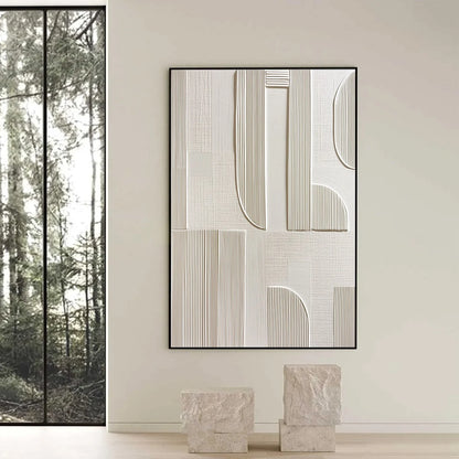STATIC RHYTHM: Textured White Minimalist Abstract Wall Art | black frame version on white wall