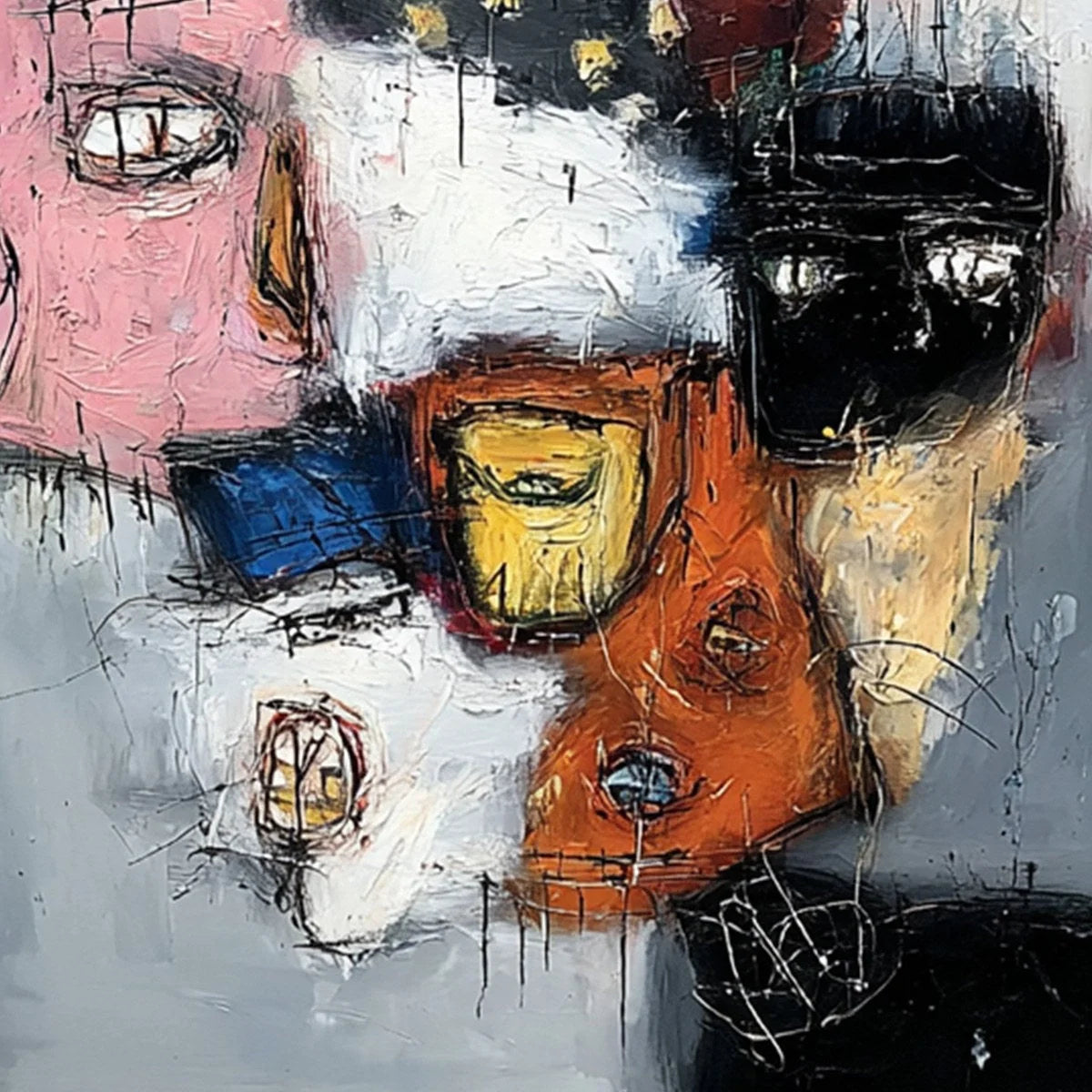 STATIC: Expressive Neo-Expressionist Abstract Faces Painting | rectangular format, hand-painted canvas edge