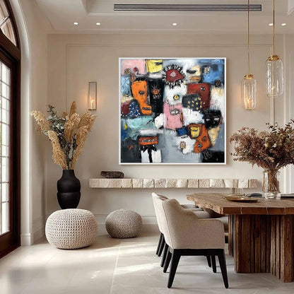 STATIC: Expressive Neo-Expressionist Abstract Faces Painting | gold frame stretched on neutral wall