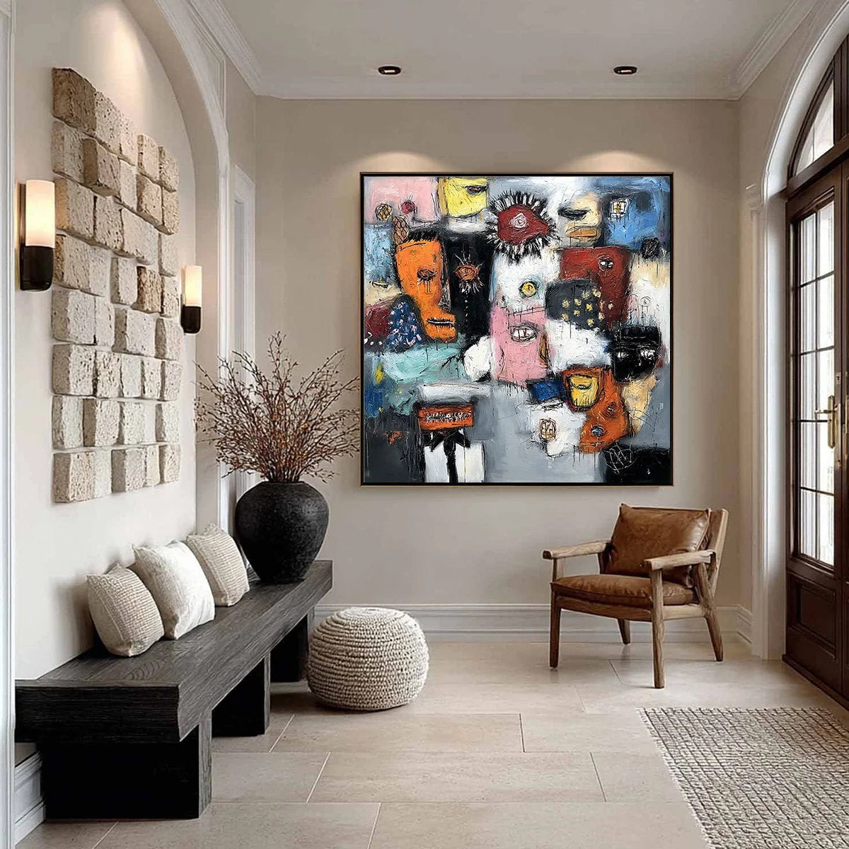 STATIC: Expressive Neo-Expressionist Abstract Faces Painting | black frame version on white wall